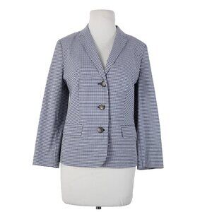 Talbots Sz 10 Navy Blue White Plaid Collared Lined Cotton Spandex Blazer Jacket